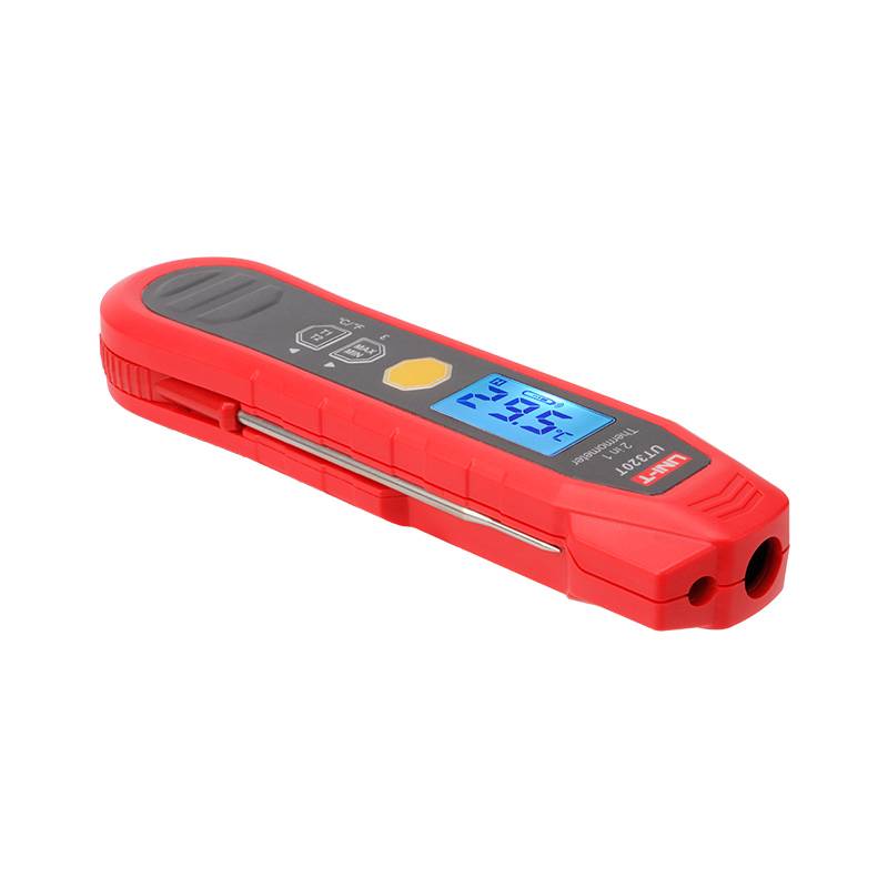 UNI-T UT320T Thermometer liegend auf der Seite, mit ausgeklapptem Einstichfühler und sichtbarem Infrarotsensor.