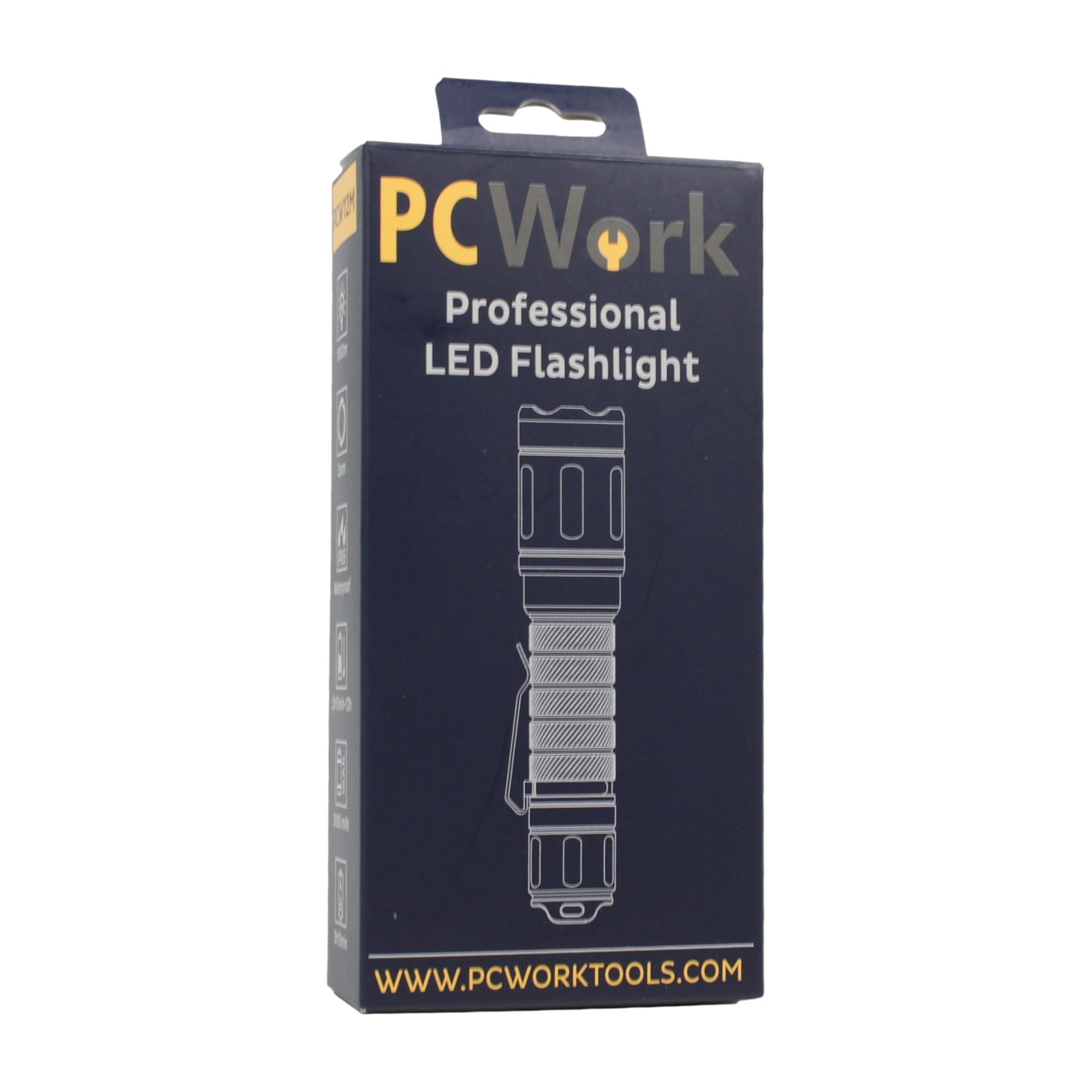 Frontansicht der Produktverpackung der PCW12M LED-Taschenlampe mit Hängeöse
