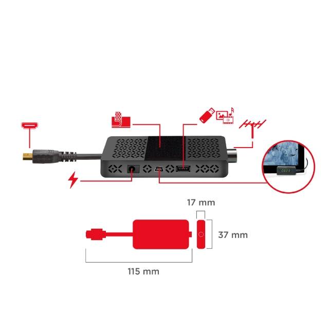 Technisches Diagramm des DVB-T2 Sticks JL43703 mit genauen Abmessungen und einer Übersicht aller Anschlüsse wie USB und externer IR-Empfänger.