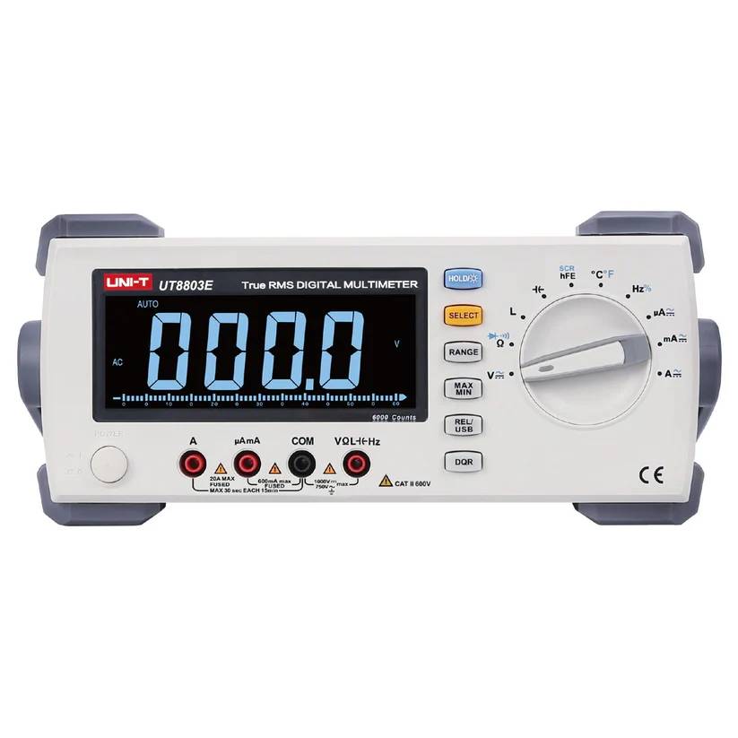 Frontansicht des UNI-T UT8803E Tischmultimeters mit großem 5999-Count True RMS Display und analogem Balkendiagramm.