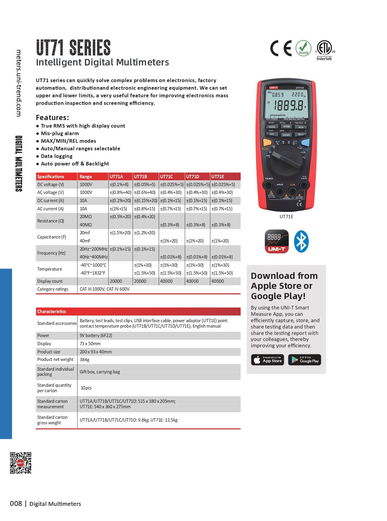 Datenblatt des UNI-T UT71C Multimeters mit technischen Spezifikationen, inklusive DC-Genauigkeit, Frequenzbereich und Datenlogger-Funktion.
