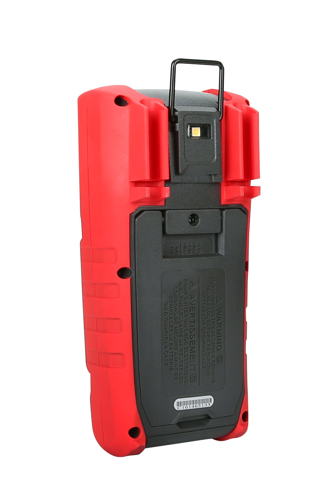 Rückseite des UT195DS Digitalmultimeters mit eingeklapptem Standfuß und ausgeklapptem Aufhängebügel.