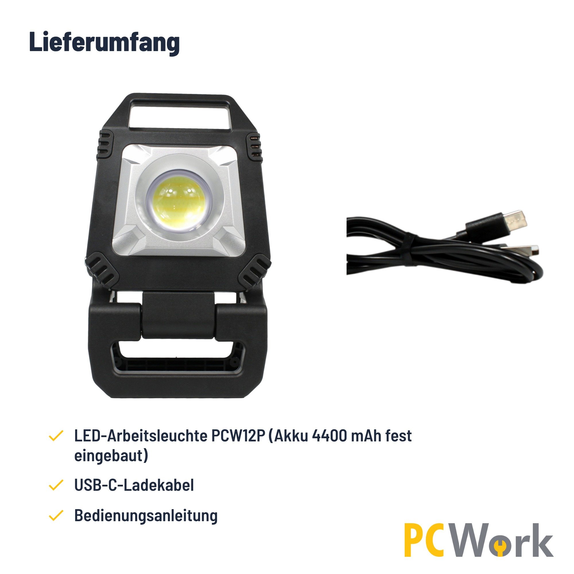 PCW12P Lieferumfang mit LED-Arbeitsleuchte, USB-C-Ladekabel und Bedienungsanleitung