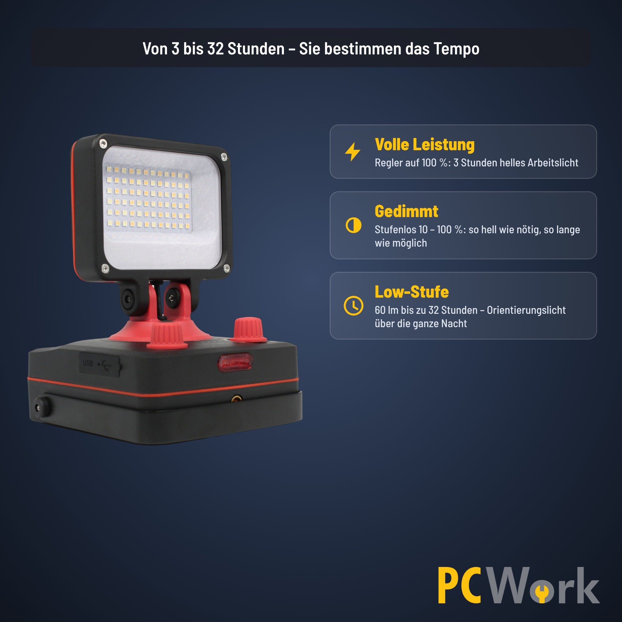 PCW12Q Arbeitsleuchte mit Akkulaufzeit von 3 bis 32 Stunden und Dimmfunktion