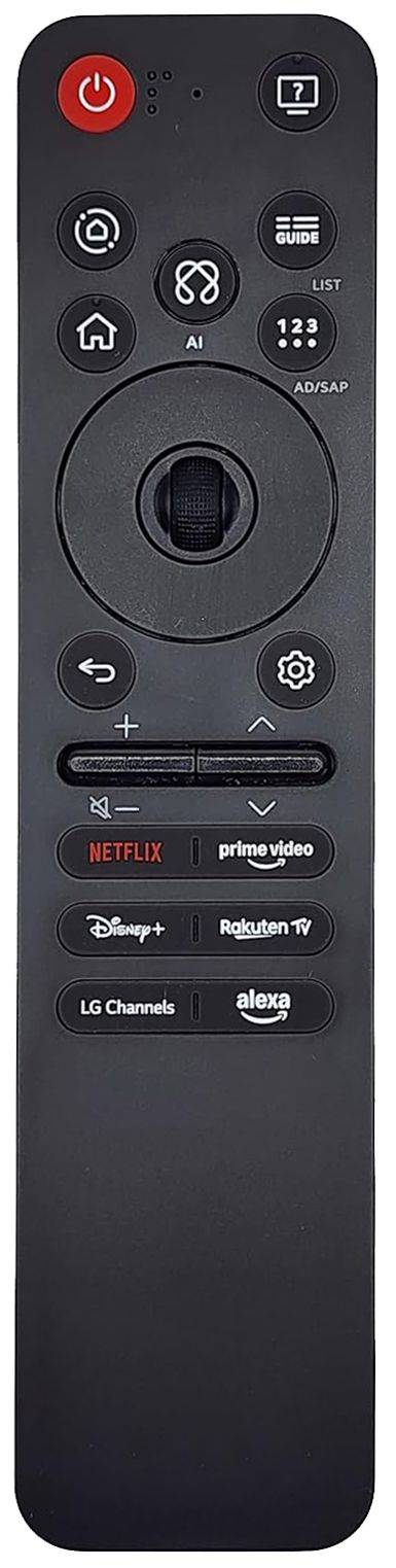 Frontansicht der Ersatzfernbedienung JL1502/3 für LG Fernseher, mit Mausrad, Voice-Control und Tasten für Netflix, Prime Video und Disney+.