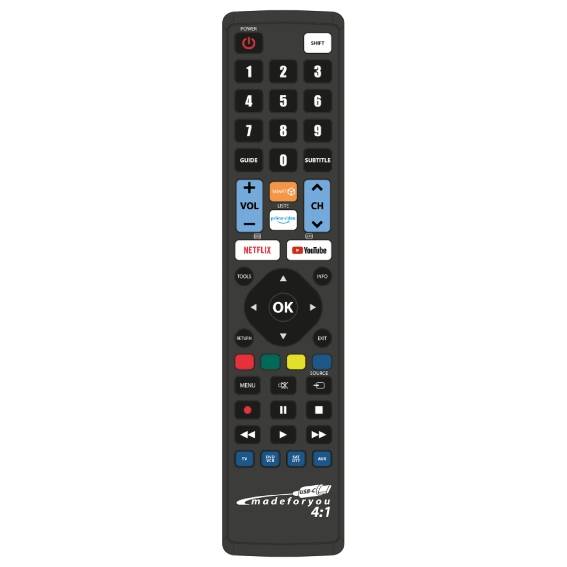 Programmierbare 4-in-1 Universalfernbedienung JL1771USB mit USB-C, Netflix- und YouTube-Tasten, Frontansicht.