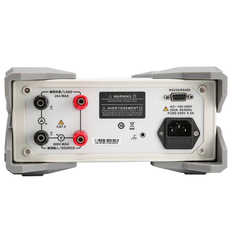 Rückseite des UTE9802+ Leistungsmessers mit Anschlüssen für Last und Quelle sowie RS-232 und RS-485 Schnittstellen zur Systemintegration.