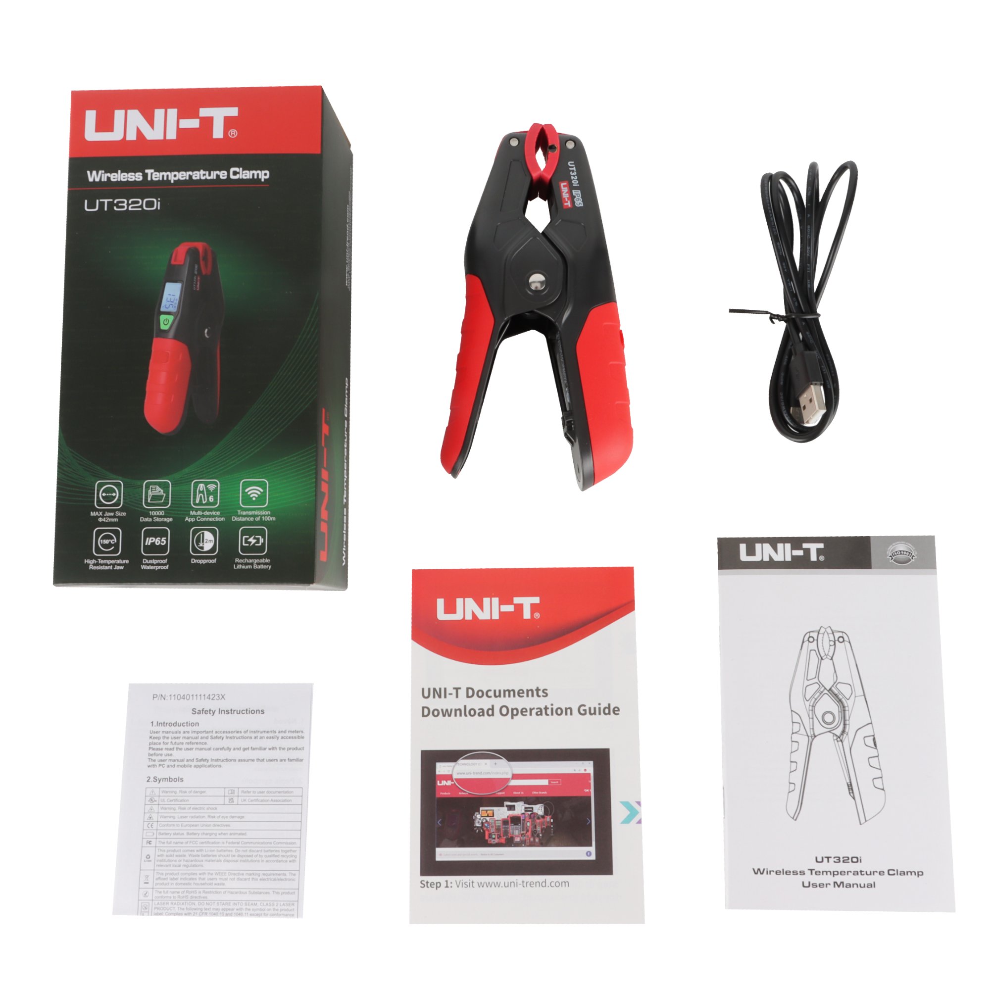 Lieferumfang der Funk-Temperaturmesszange UT320i mit Ladekabel, Verpackung und Anleitungen