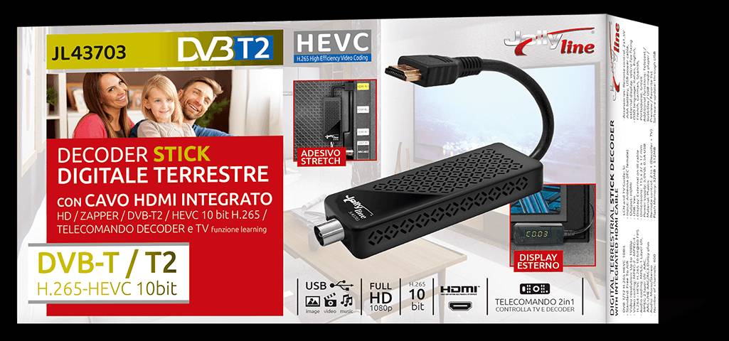 Verpackung des DVB-T2 HDMI Sticks JL43703 mit Hervorhebung der Features wie H.265 HEVC, externes Display und 2-in-1 Fernbedienung.