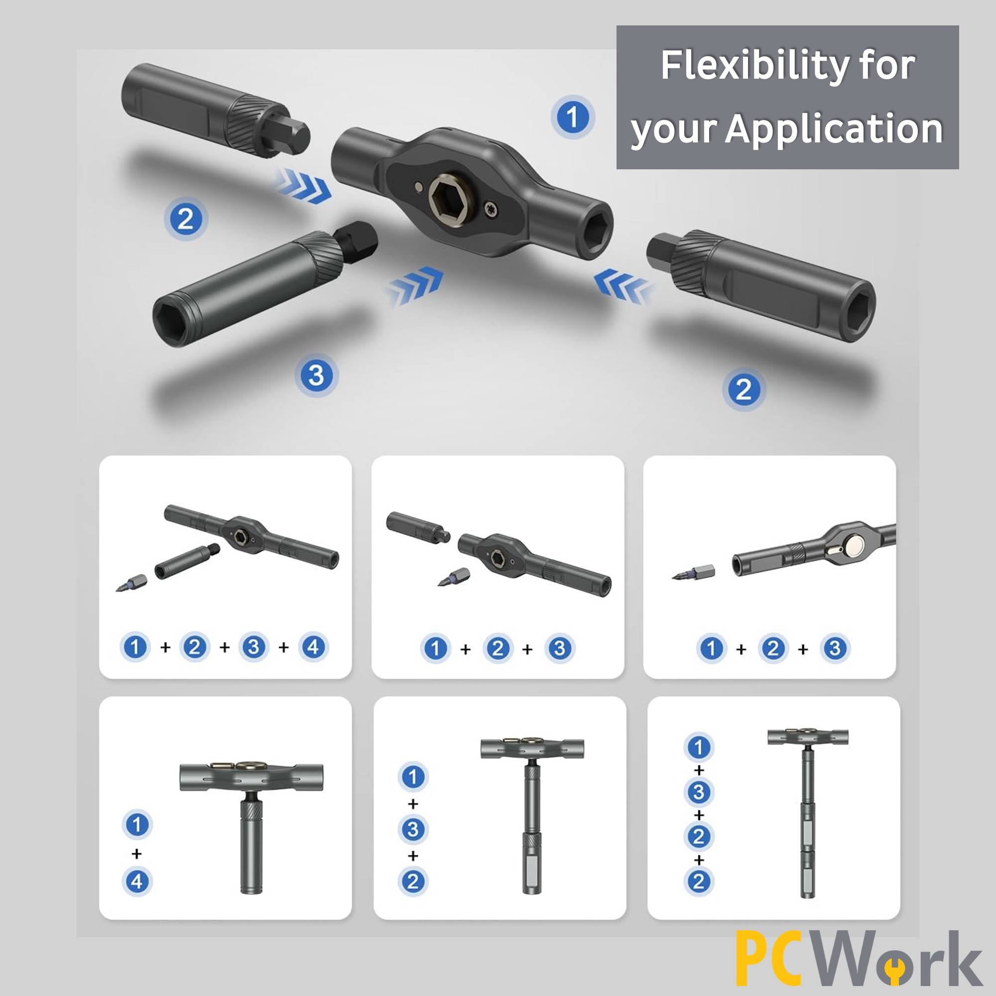 Flexible Kombinationsmöglichkeiten der PCWork PCW08K Mini-Ratsche mit Verlängerungen und als T-Griff für diverse Anwendungen.